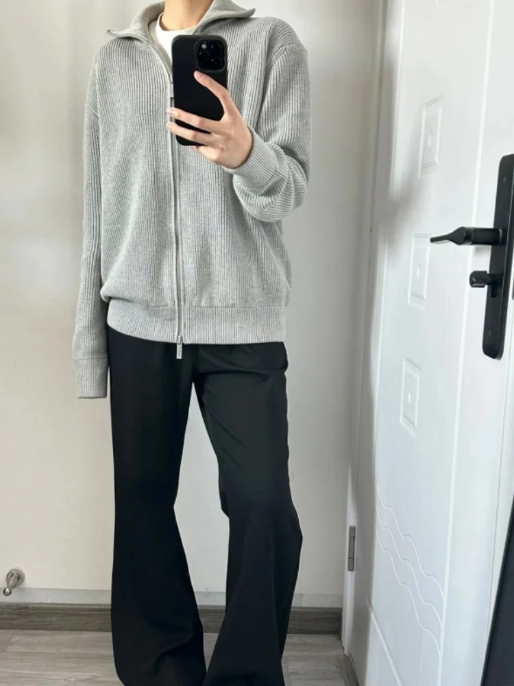 

Мужской свободный кардиган-свитер с воротником-стойкой и двойной молнией, осенне-зимняя верхняя одежда в стиле Cleanfit, модный повседневный образ