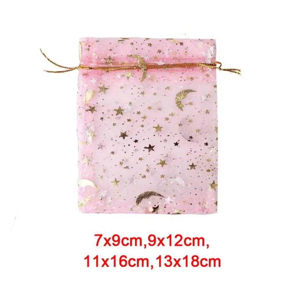 100pcs/Lot 7x9 9x12 11x16 13x18cm Printing Star Moon Christmas Organza Sack Drawstring Charm Packaging Bags Daily Jewelry