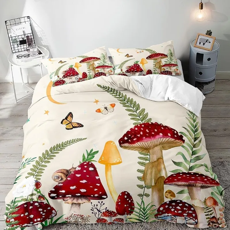 3PCS  Bedding Set,  Aesthetic Boho Duvet Cover Full, Green Plant Botanical Fungus Beige Comforter Bedspread Quilt Cover