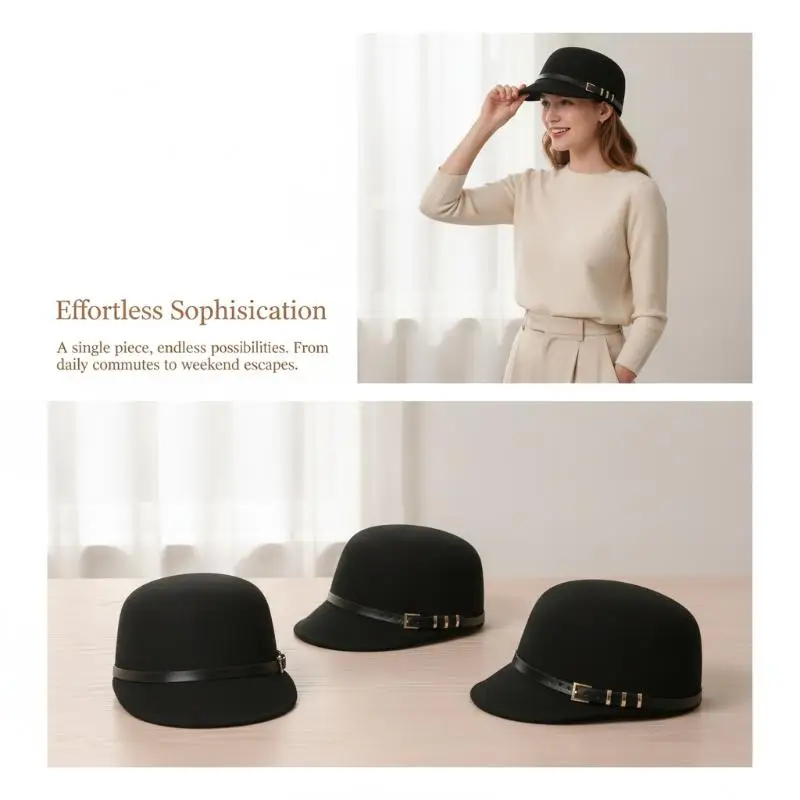 Water Repellent Black Wool Felt Peaked Cap Adjustable Leather Strap Gold Buckle for Light Rainy Days Outdoor Use