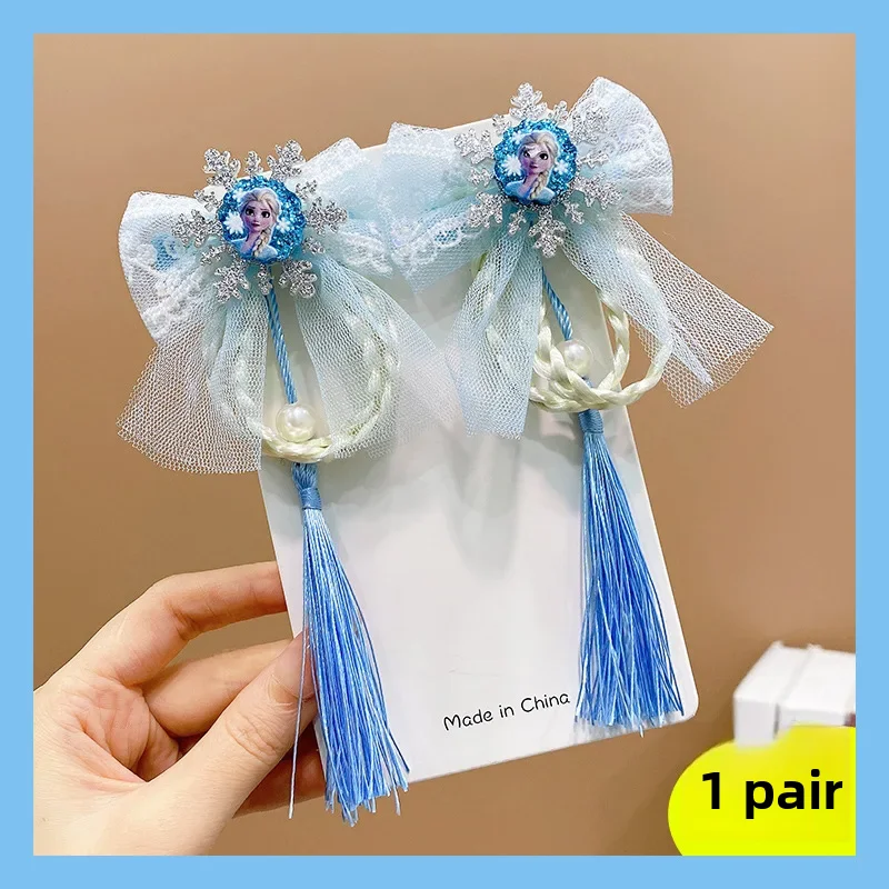 Frozen Bow Tassel Hairpin Blue Princess Wig Hairpin Super Fairy Little Girl Sweet Kidsren\'s Hair Accessories