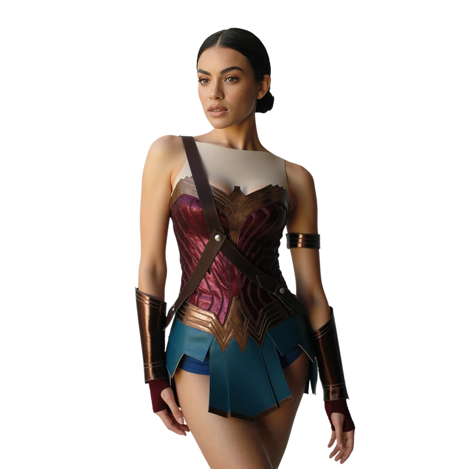 

Princess Sexy Woman Cosplay Costume Adult Brown Top Faux Leather Corset Shorts Battle Suit for Halloween Carnival Party Outfit