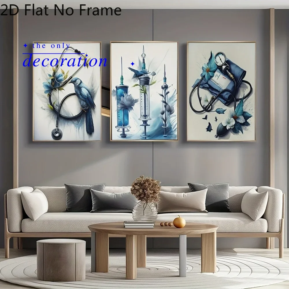 2D Flat, 2D Flat, 3pcs 2DFLAT Frameless Stethoscope, Blood Pressure Monitor Art Decor Canvas Paintings, Fashion Style Wall Ar