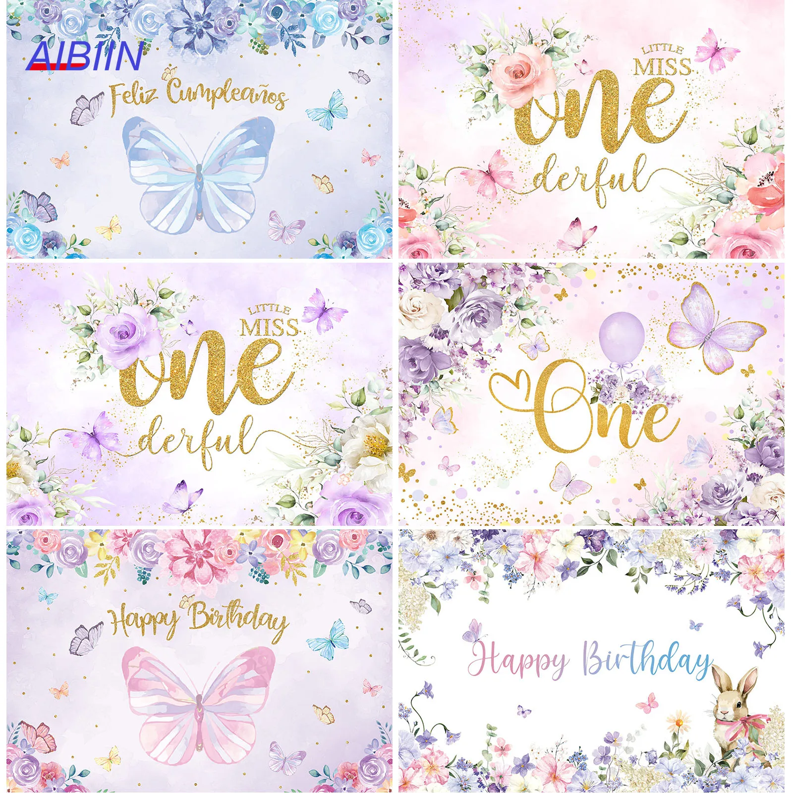 AIBIIN Butterfly Happy Birthday Backdrop for Girls Purple Pink Flower Onederful Party Decor Baby One Year Photozone Background