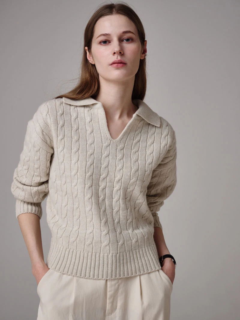 

Ретро-бежевый вязаный свитер с узором косы, повседневный свободный крой, из смесовой шерсти, с длинными рукавами, V-образный вырез, для молодых женщин