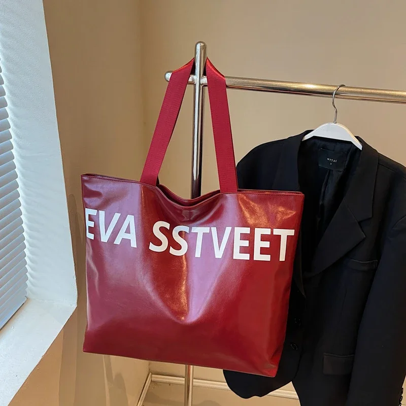 여성용 대용량 패션 PU 숄더백, 레터 프린트, 단색 지퍼, 캐주얼 토트 핸드백, 2025 핫 세일