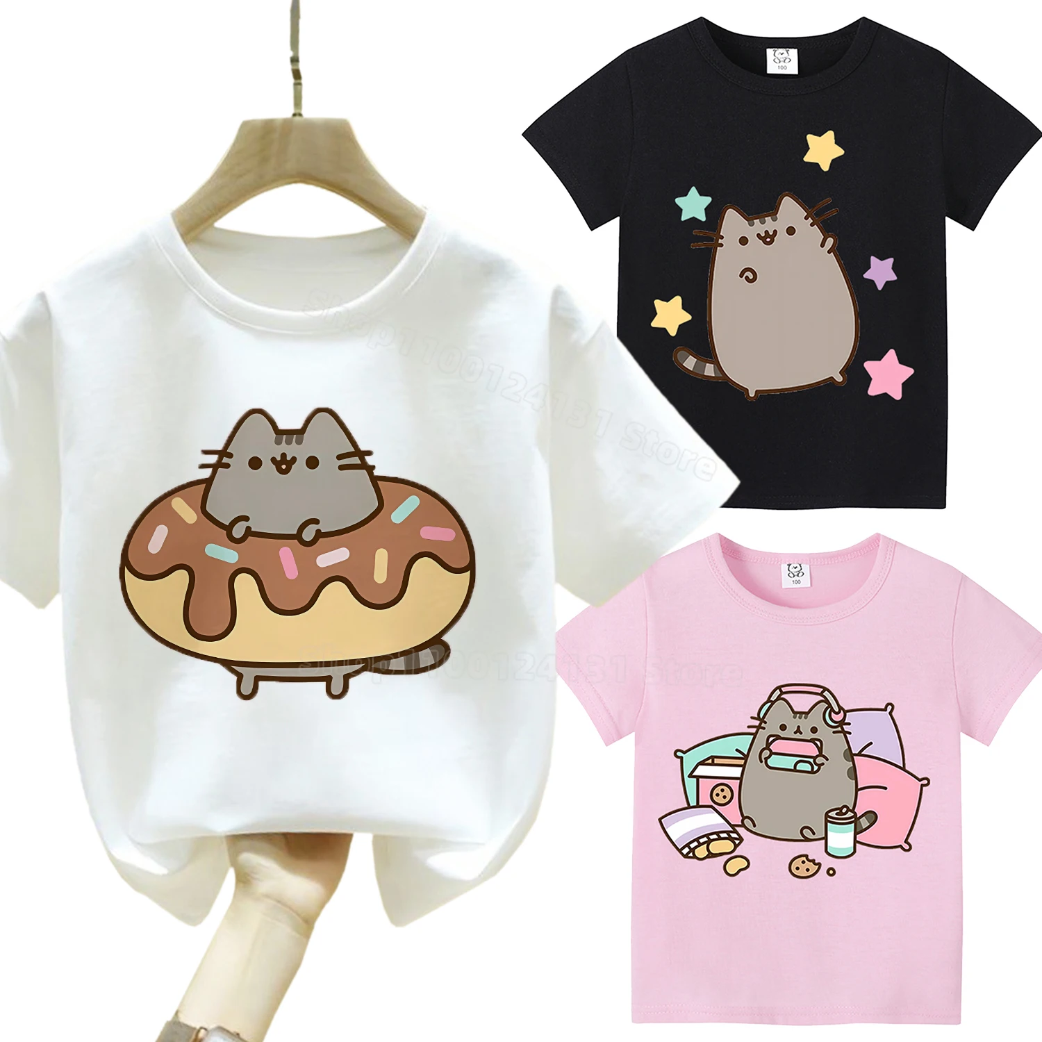 Pusheen Cat T Shirt for Girls Boys Kawaii Cartoon Children's Clothes Cotton T-shirt Pink Tee Tops Cute Anime Clothing Kids Gift