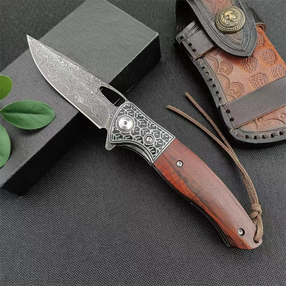 Folding Pocket Knife Damascus Steel Blade Cedarwood Handle with Leather Sheath Outdoor EDC Survival Camping Tool