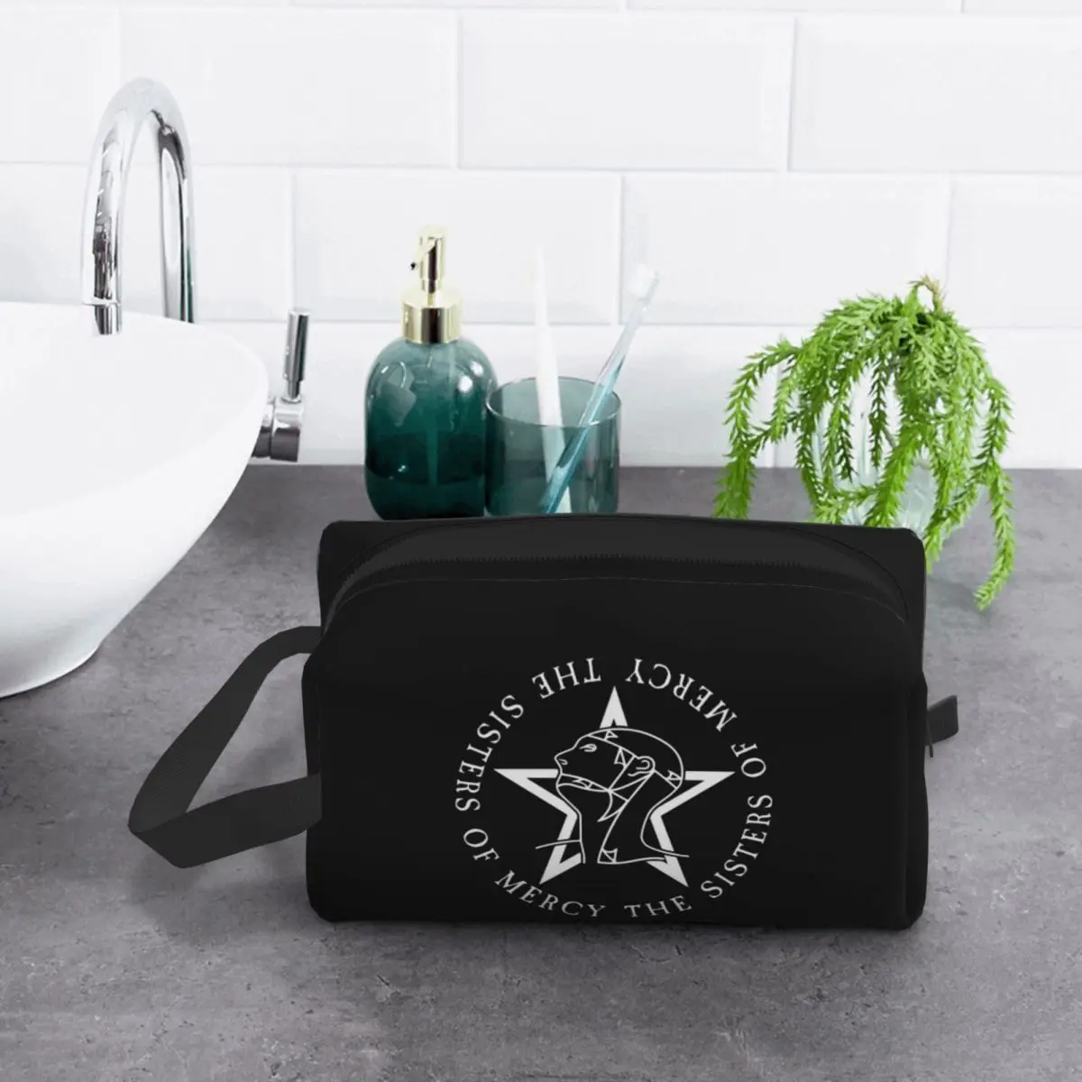 

Round Text Logo Goth The Sisters Of Mercy Makeup Bag Cosmetic Organizer Storage Dopp Kit Toiletry Cosmetic Bag for Women Beauty