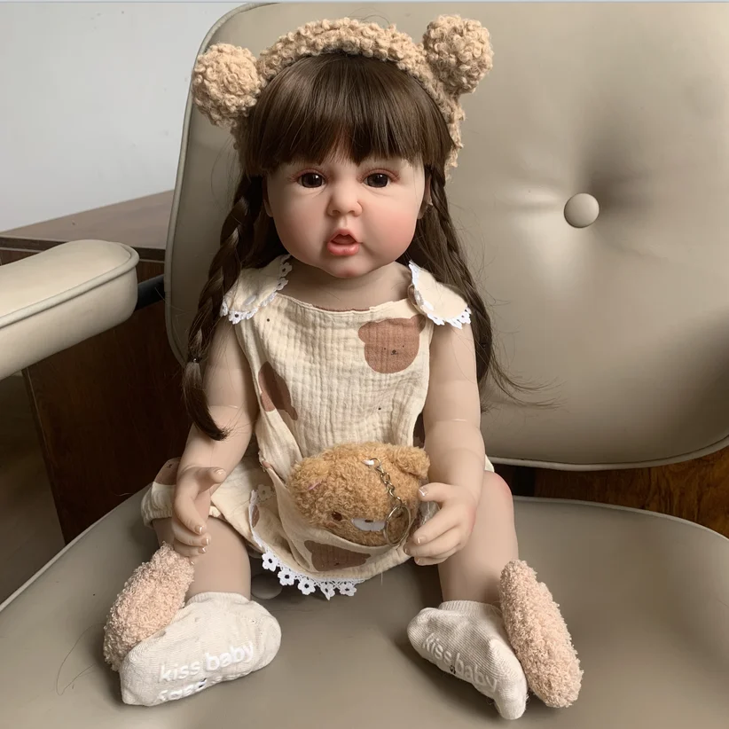 Reborn Baby Brown Hair Girl Doll Toy 55 CM 22 Inch Full Silicone Body Lifelike Realistic Princess Toddler  Bebe