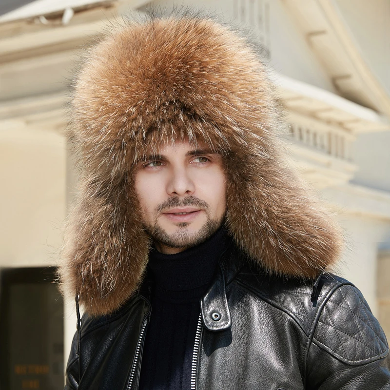 

Men's Natural Fox Fur Trapper Hat Real Sheepskin Cap Winter Warm Earmuffs Headwear Ushanka Hunting Ski