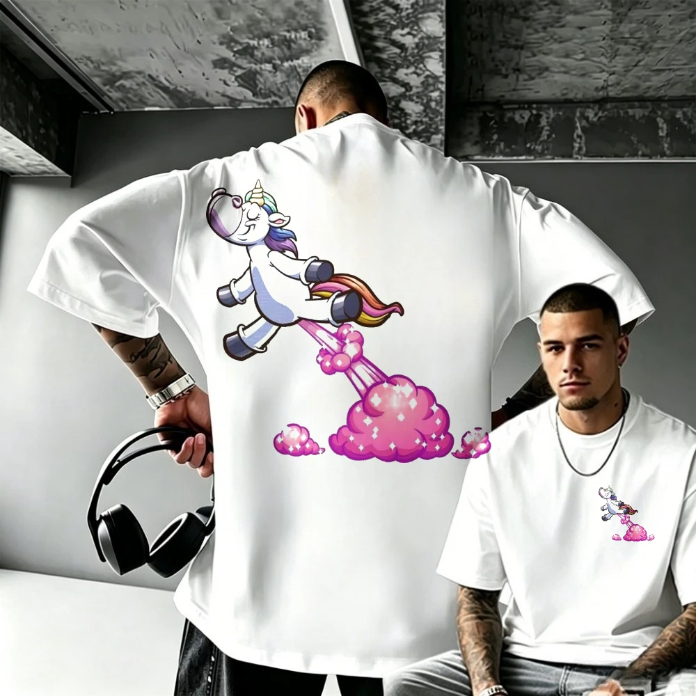 Unicorn Cartoon Graphic T Shirt Oversized Back Print Rocket Pink Cloud Tee Y2K Streetwear Cotton Short Sleeve Round Neck Hip Hop