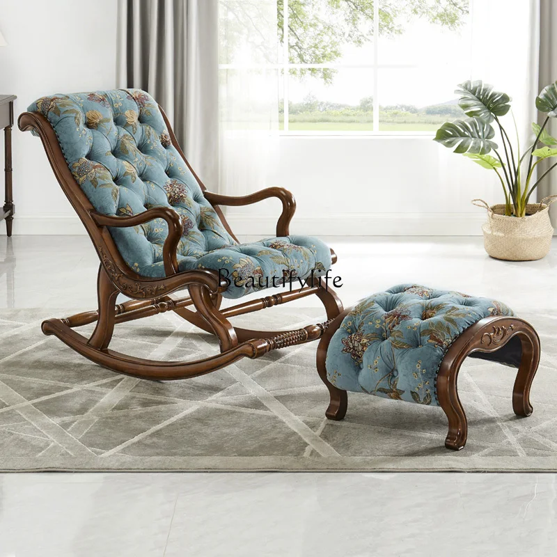 

American Style Solid Wood Rocking Chair Leather Fabric Sofa Footrest Leisure