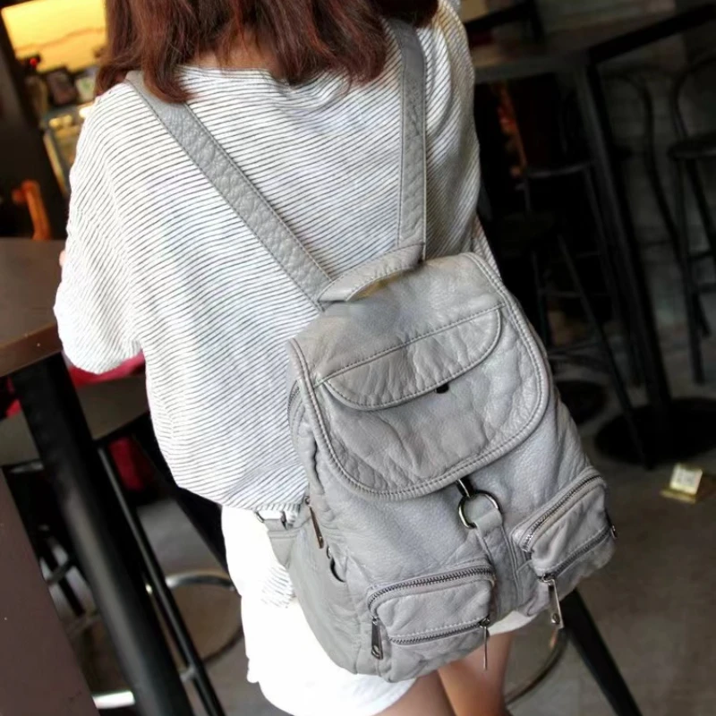 Soft Leather Zipper Pockets Schoolbags All Match Girls Vintage Y2k Aesthetic Handbags Simple Fashion Chic Casual Women Backpacks