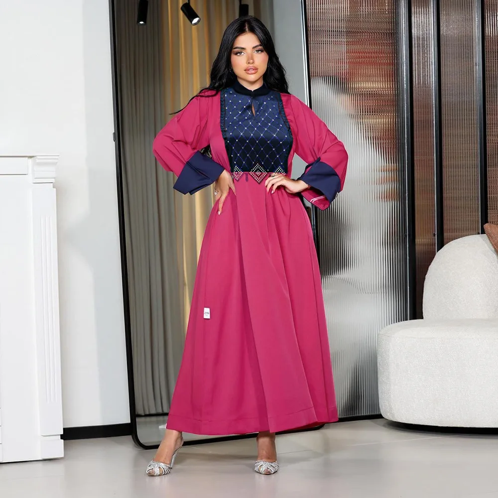 Eid Satin Abaya Muslim Women Diamonds Dress Rose Red Jalabiya Long Maxi Gown Splicing Color Kaftan Islam Elegant Arab Caftan