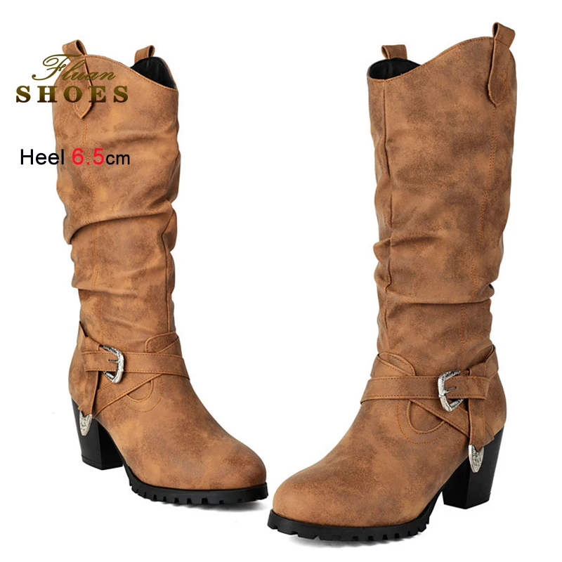 가을 겨울 6.5cm 하이힐 롱부츠 패션 여성 구두 가죽 버클 굵은 굽 나이트 부츠 솔리드 컬러 롱부츠