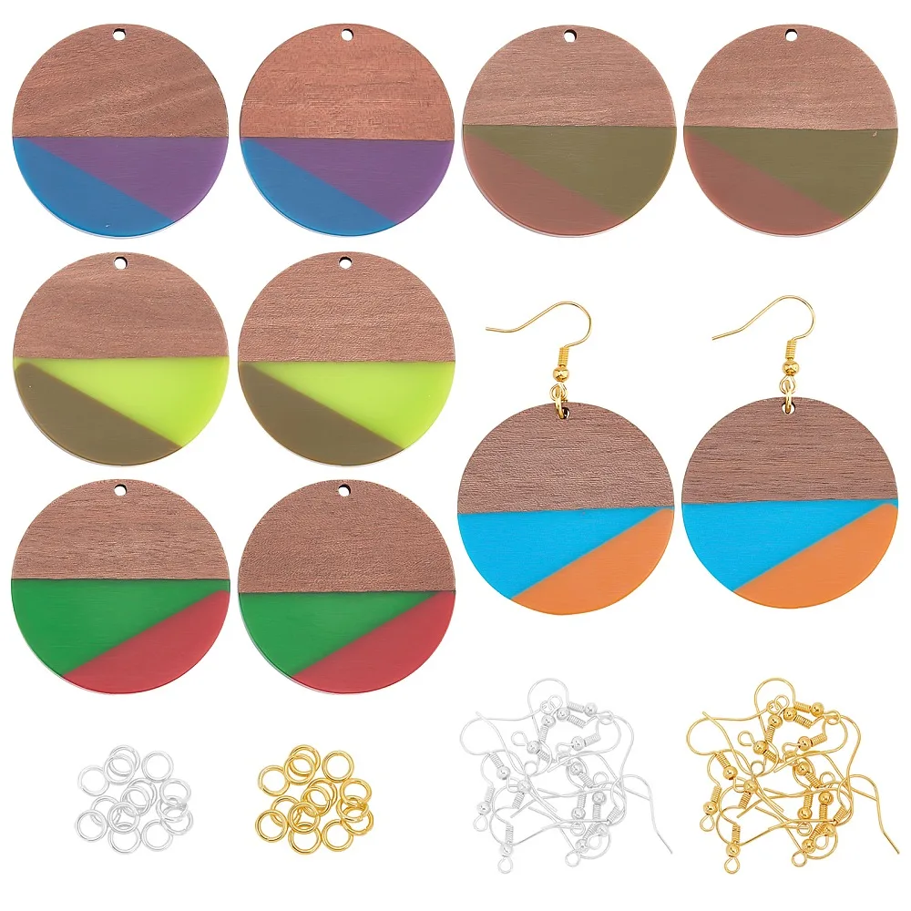 DIY Walnut Wooden Dangle Earring Making Kits Including 10Pcs 5 Styles Flat Round Resin Walnut Wood Pendants