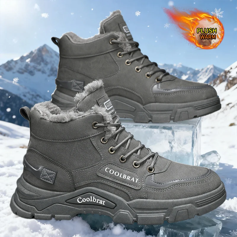 أحذية رياضية كاجوال عصرية عالية الجودة للرجال - أحذية ثلج مبطنة بالصوف على طراز الدراجات النارية، أحذية للكاحل للتنزه في الشوارع في الهواء الطلق