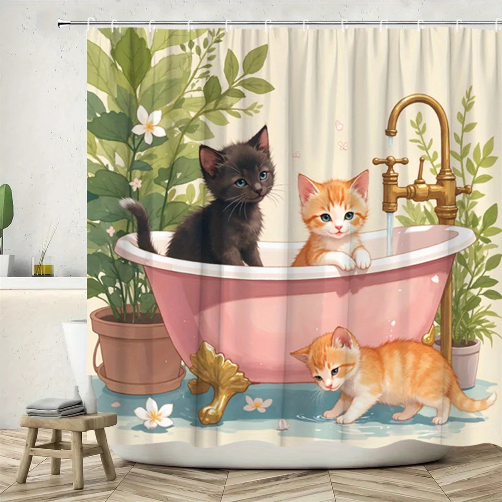 かわいい子猫のシャワーカーテン黒とオレンジの猫の浴槽プリント防水ポリエステル浴室装飾バスカーテンセット
