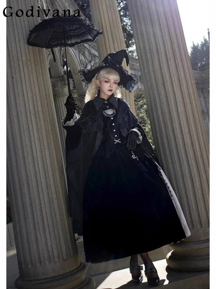 

Chinese Witch Halloween Lolita Autumn Winter Loose Cape Personalized Girl Turn-down Collar Elegant Versatile Fashion Lace Capes