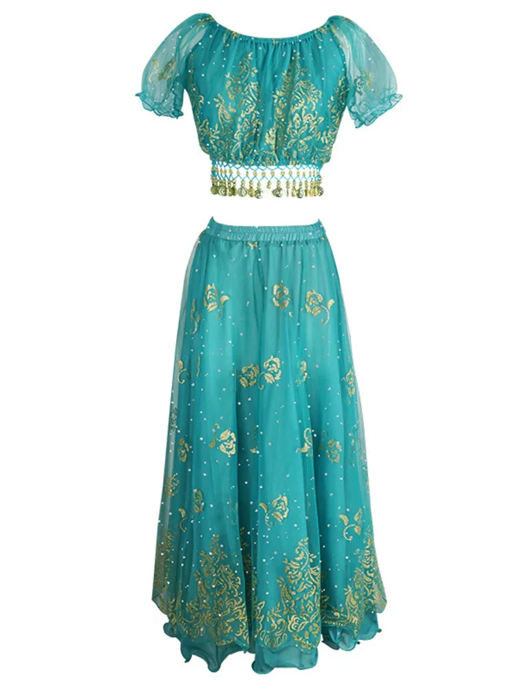 스팽글 시폰 퍼프 슬리브 크롭 탑과 하이 웨이스트 스커트 세트 – 우아한 클래식 댄스 공연 의상