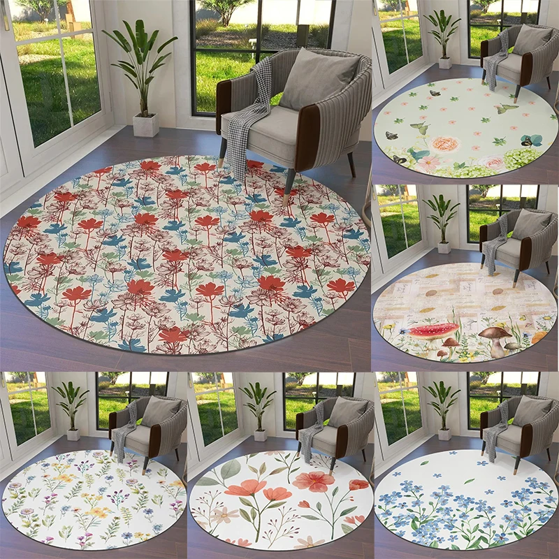 Round Door Mat with Watercolor Floral Patterns Floor Mat for Living Room Decor Adding Fresh Garden Aesthetic