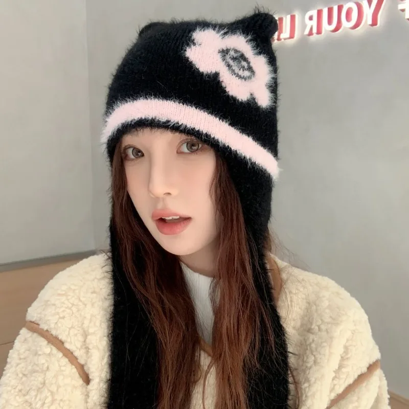 2024 New Hat Women's Autumn and Winter Ear Protection Knitted Wool Hat Warm Plush Cute Flower Backpack Lei Feng Hat