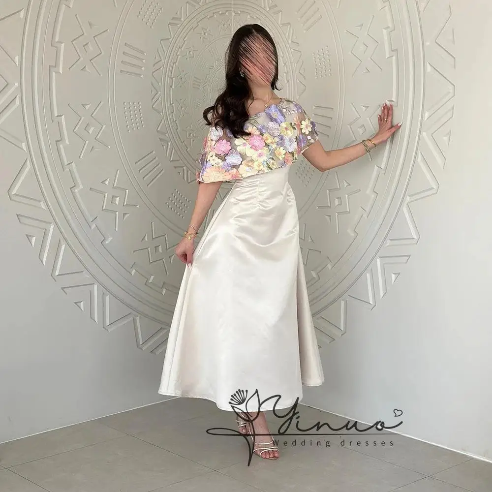 customized Beige Strapless Satin A-line Evening Dress Candy Color Flower Off the Shoulder Party Dress Ankle Length Prom Gown