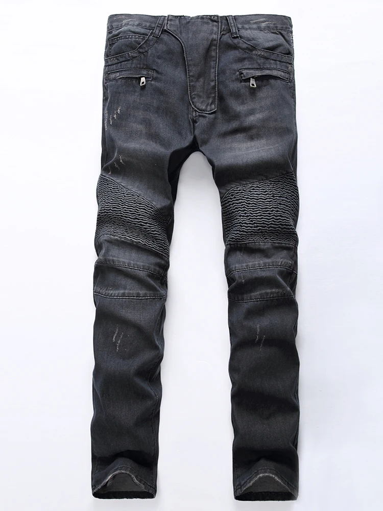 

Trendy Biker Folded Denim Jeans Elastic Slim Fit Motorcycle Pants with kets Zipper Casual Faion Urban Sle Cotton Polye...