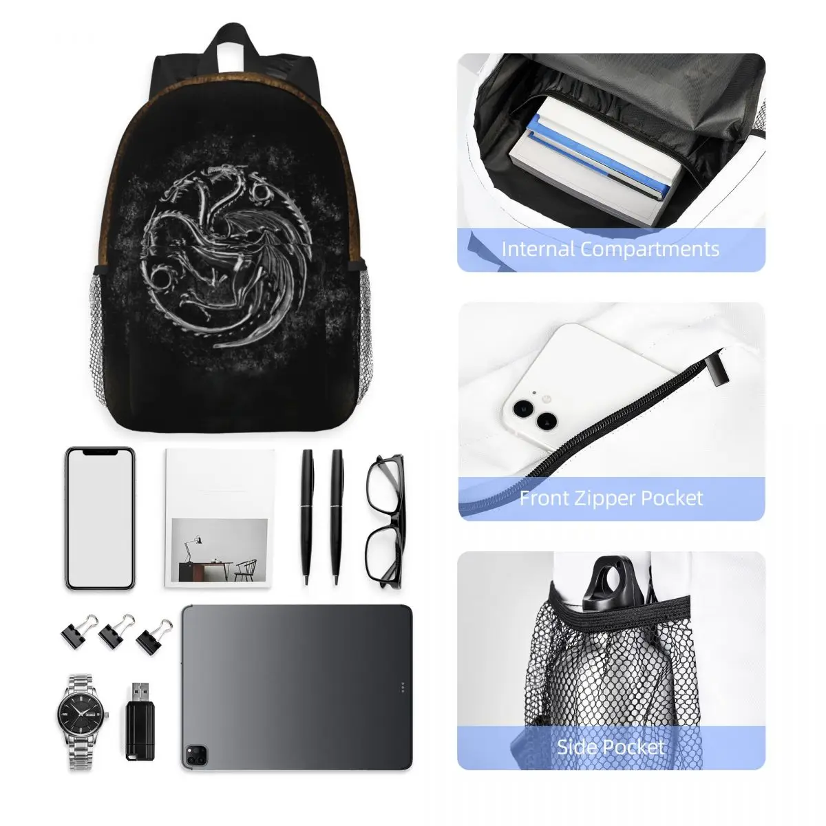 House Dragon Novo padrão elegante bolsa escolar estampada mochila leve de 15 polegadas