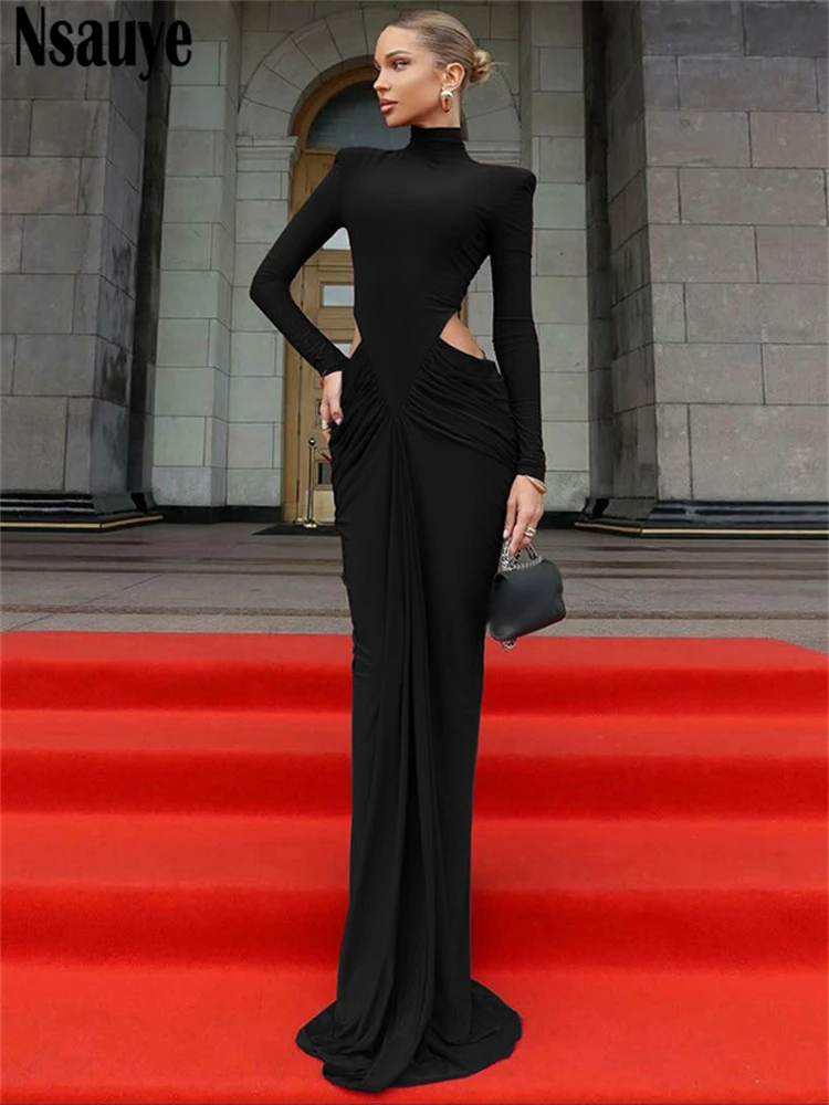 فستان Nsauye للسيدات أنيق بأكمام طويلة مفرغ فستان ماكسي ضيق بلوفر بياقة مدورة مثير للحفلات المسائية والنوادي الليلية