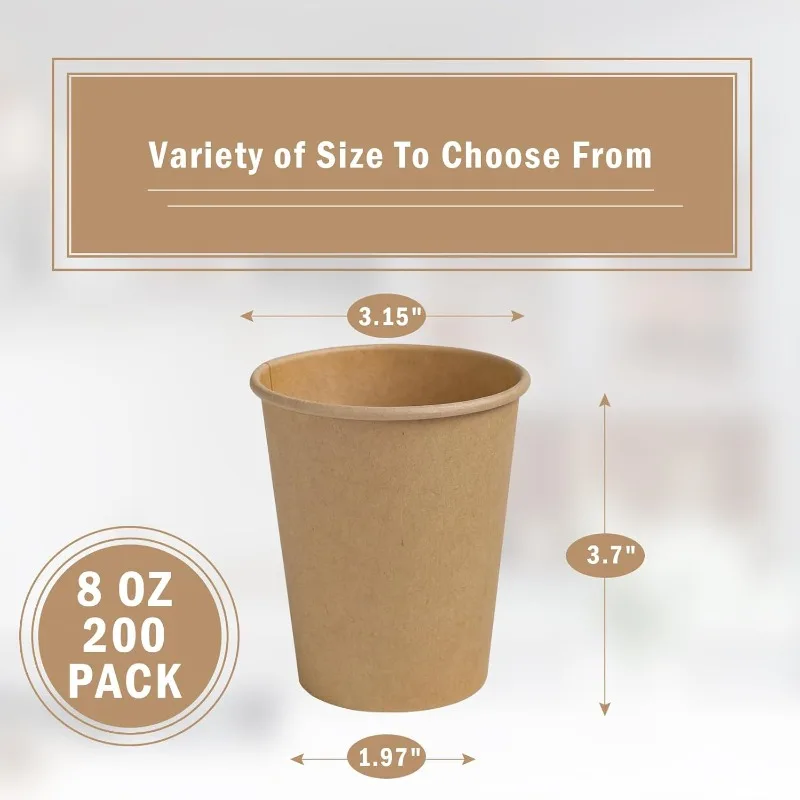 

200 Pack 8 oz Kraft Paper Cups - Brown Disposable Unbleached Cups for Hot/Cold Beverages, Party, Home & Office Use