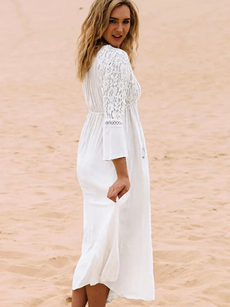 Nuevo Bikini con cuello en V profundo para mujer, pareo para la playa, encaje empalmado, manga larga, con cordones, moda de verano, vestido femenino, ropa de playa