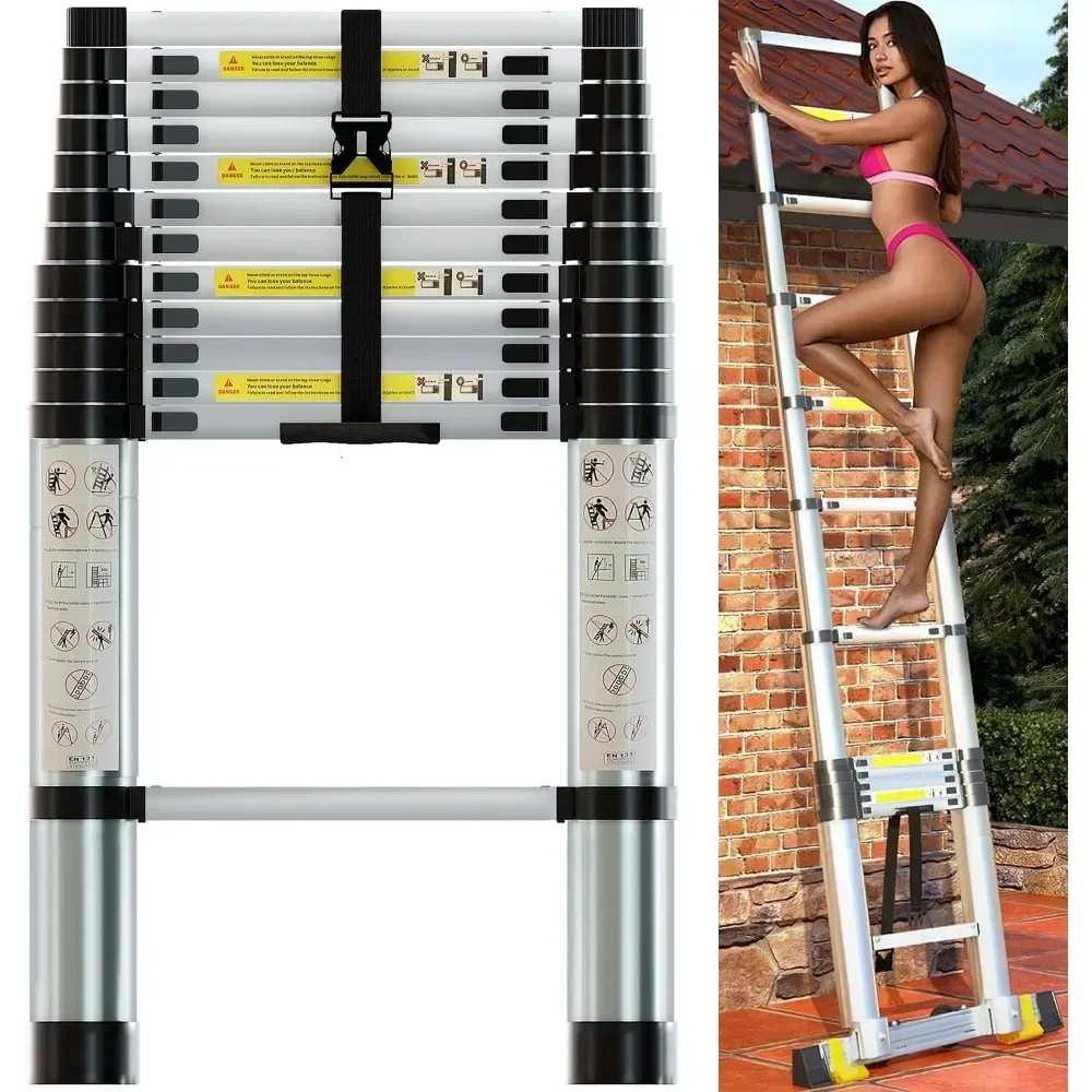 Opvouwbare telescopische ladder 12,5 FT, aluminium uitschuifbare ladder met 2 afneembare haken