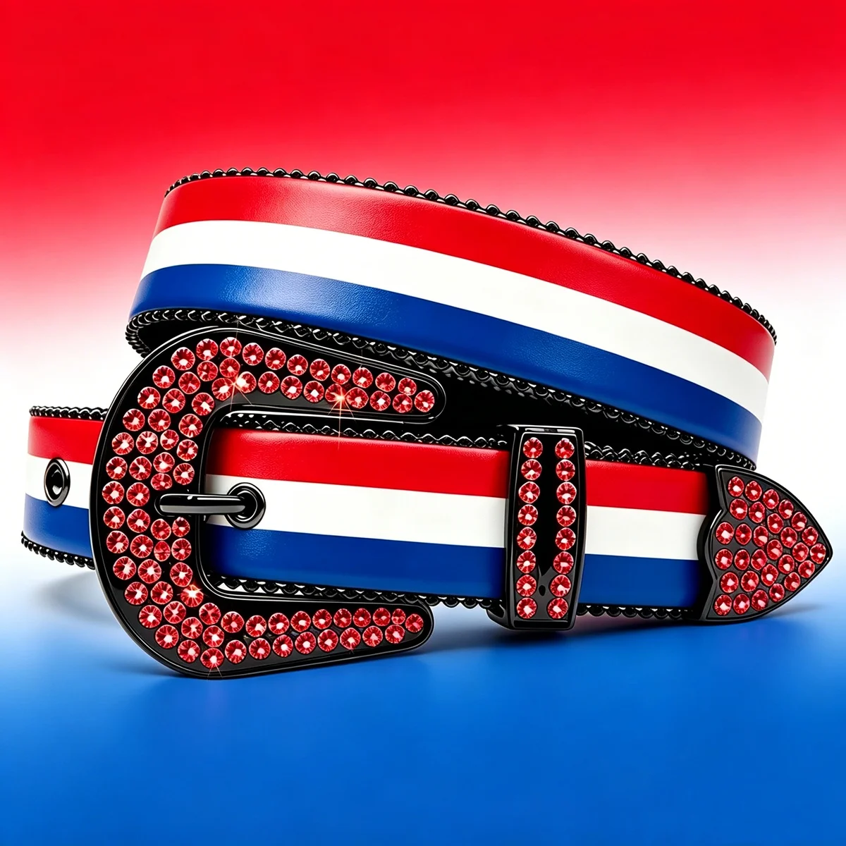 

Red White Blue Horizontal Stripe Print Rhinestone Waist Belt Unisex Fashion Accessory for Men Women Daily Decorative Waist Belt