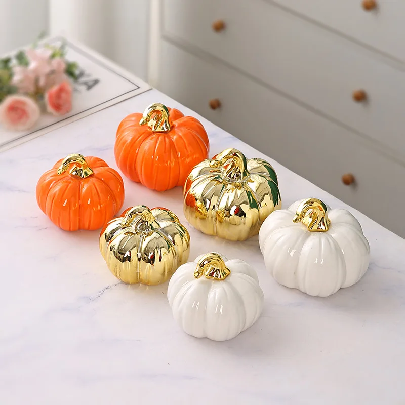 2Pcs Glazed Ceramic Pumpkin Ornaments Plated Gold Mini Pumpkin Statue Desktop Home Decoration Desktop Decoration Decoration