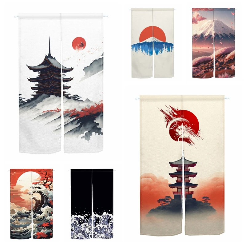 Japanese Pattern Door Curtain Mount Fuji Kanagawa Waves Quintuple Tower Painting Noren Partition Bedroom Hanging Half-curtains