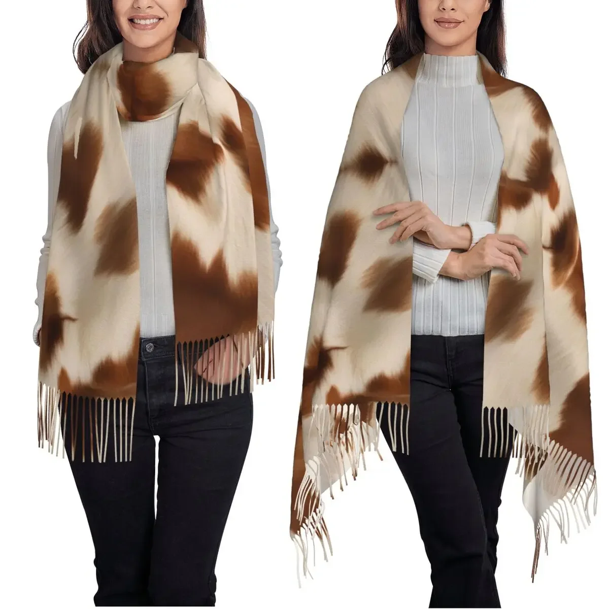 Stylish Cow Fur Cowhide Texture Cow Skin Print Patter  Scarf Tassel Scarves Women  Shawls and Wraps Long Fall Winter Shawl Wrap