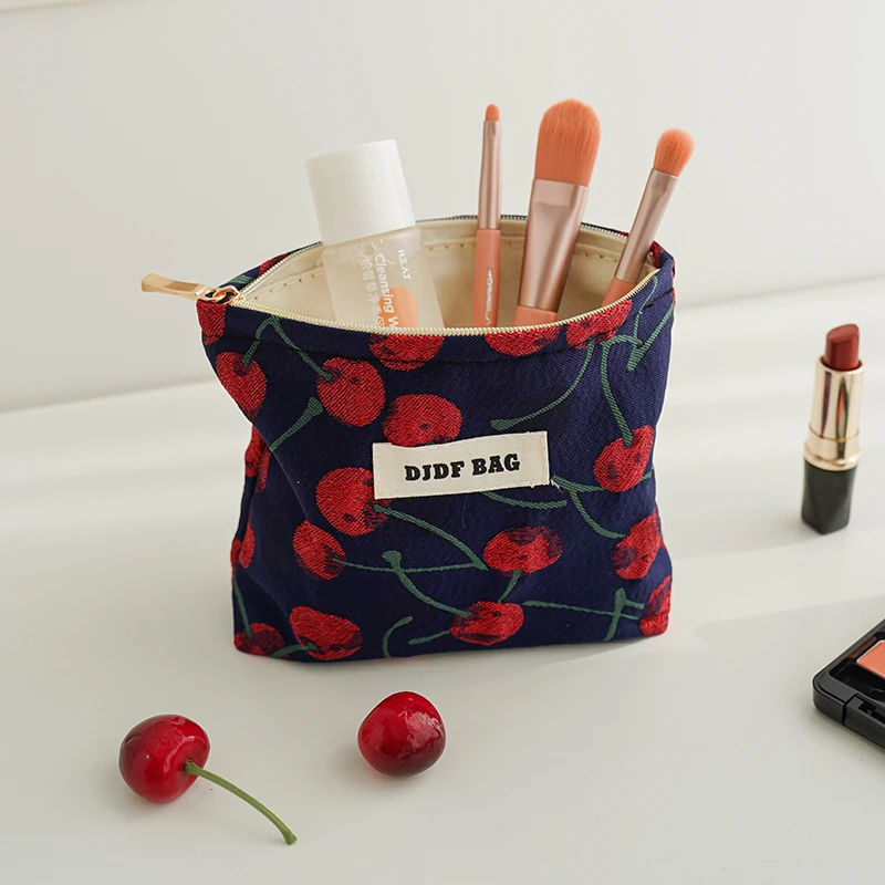 Red Cherry Women\'s Cosmetic Bag Small Item Storage Bag Portable Coin Purse Commuter Clutch Double Zipper Design Cloth Bag Ins