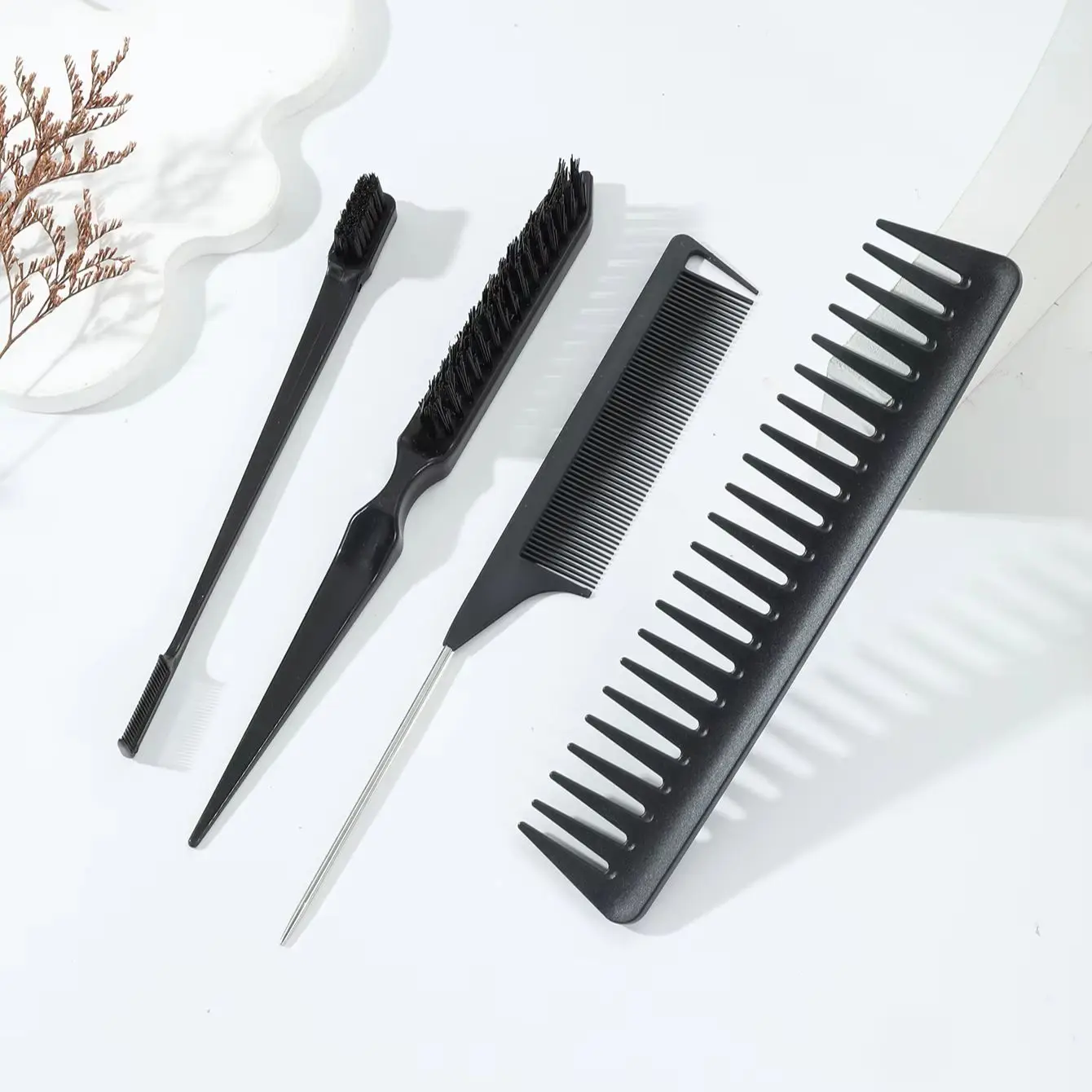 مجموعة مشط تصفيف الشعر مكونة من 4 قطع، فرشاة إغاظة، فرشاة حافة، مشط ذيل ومشط تقشير واسع الأسنان خاص بشعر مستعار حقيقي
