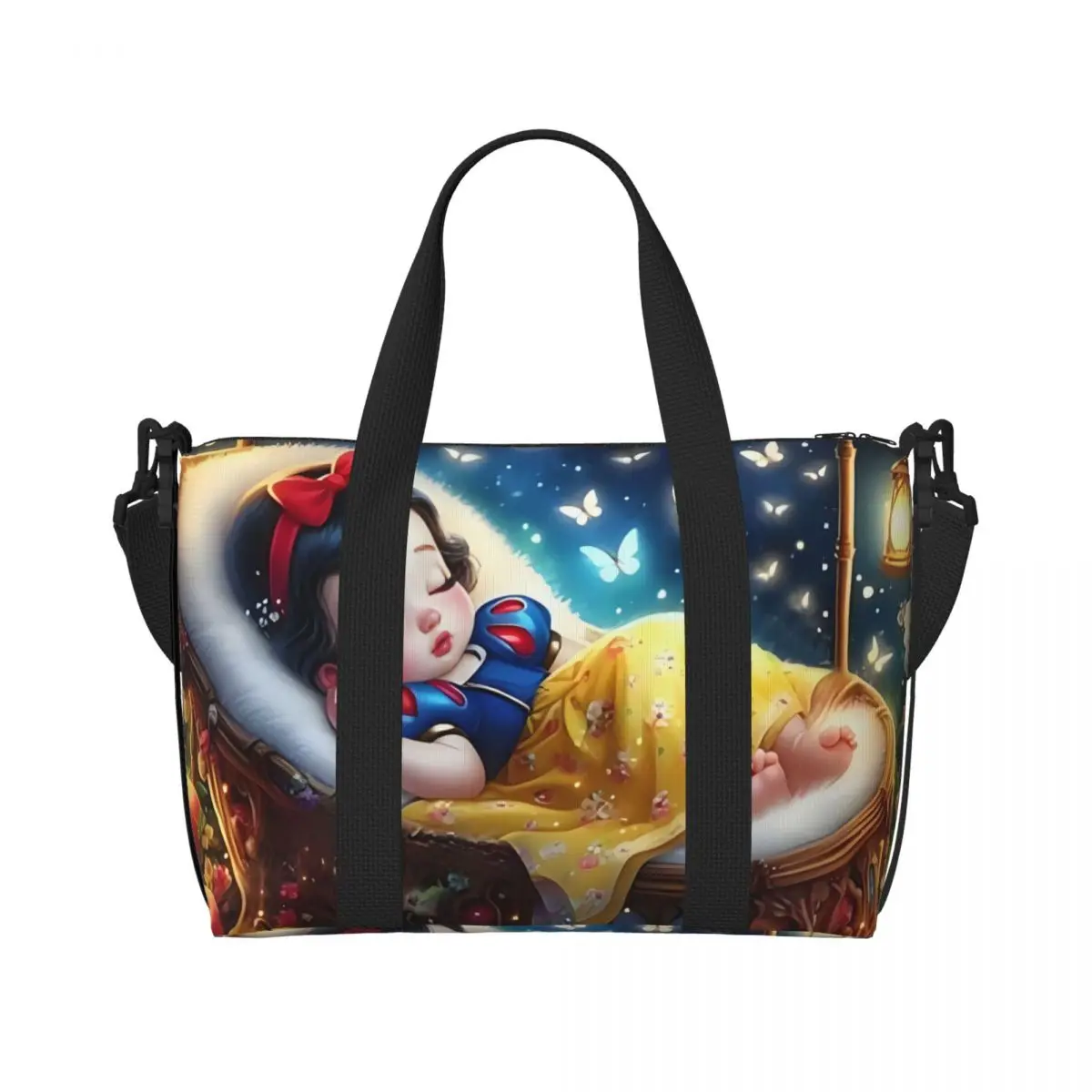 

Custom Baby Snow White Cartoon Beach Tote Bag for Women Extra Large Gym Carry On Anime Fantasy Film Travel Shopping Bags