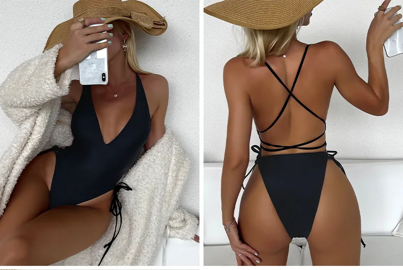Trajes de baño sexy con cuello en V profundo para mujer Traje de baño modesto adelgazante de una pieza Trajes de baño con cordón de bloque de color