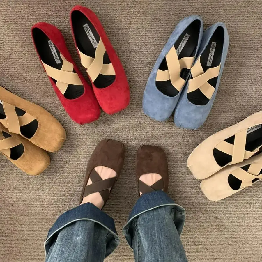 Bailamos Women Flats Elastic Cross Ballet Shoes Suede Single Shoes  new Retro everything Soft soled Mary Jane Casual shoes Mujer