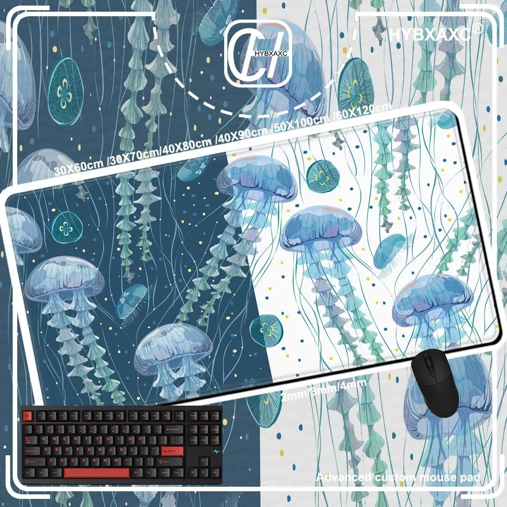 HYBXAXC Long Hair Lady Mouse Pad Light Blue Jellyfish Large Mousepad Computer Keyboard Pad Non-Slip Rubber Stitched Edge Gift