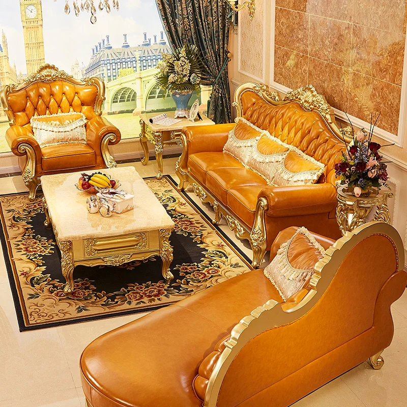 European-style leather sofa, living room combination, complete chaise lonier, small apartment, small luxury, first-floor cowhide