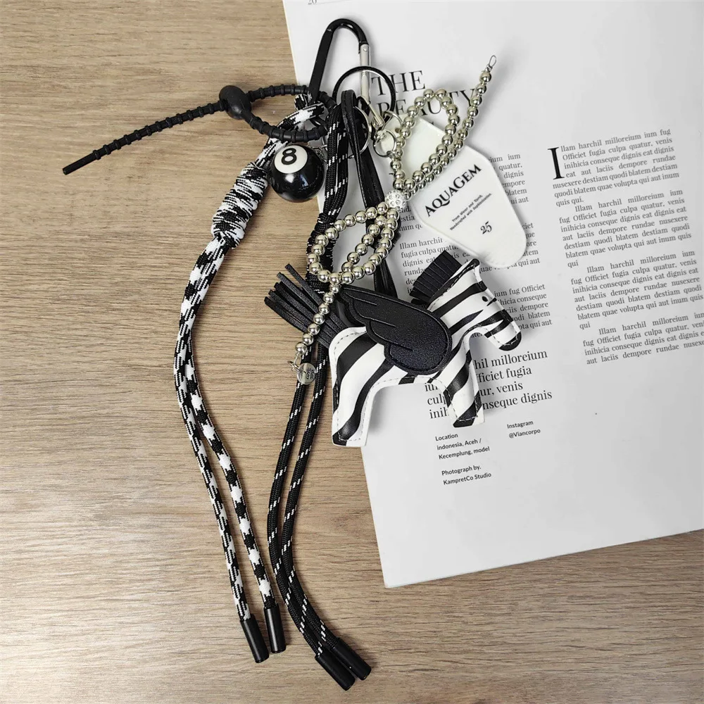 Miu Style Woven Bag Pendant Charms Zebra Leather Pendant Silver Pearl Bow Keychain Handbags Charms Accessories Decoration