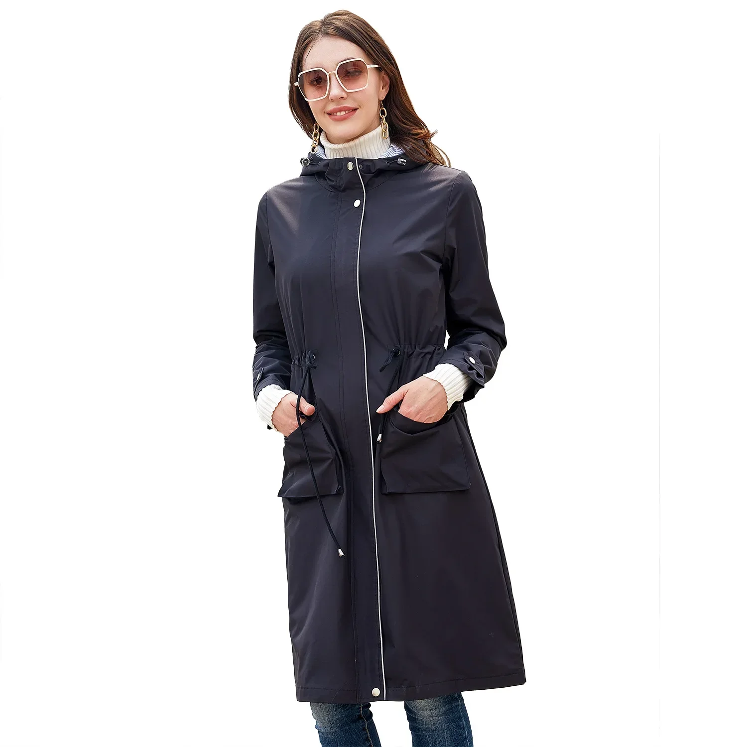 

2025 Spring Autumn Women's Long Windbreaker Female Zipper Hooded Pure Color 2 Pocket Casual Jacket Women's Waterproof Coats New