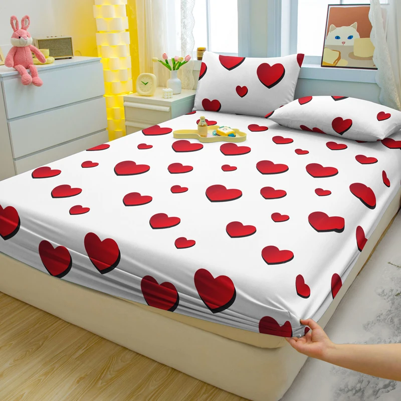 1 Simple Modern Heart-Shaped Printed Matte Fitted Sheet, Bedroom Printed Bed Cover, Bedding (Excluding Pillowcases)