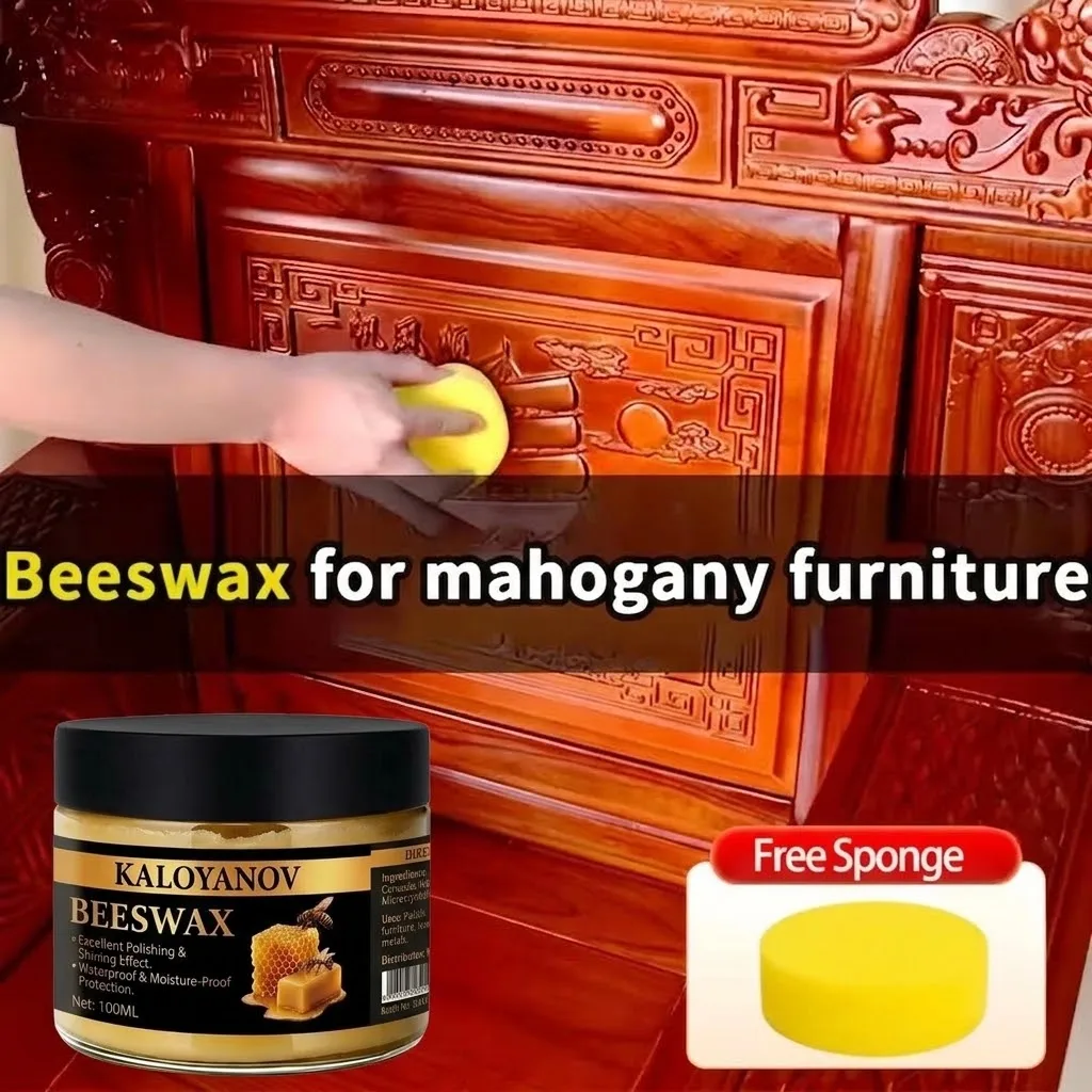 100 ml Natural Beeswax with Sponge, Unscented Type for Furniture, Floor, Etc., Essential Wooden Care for Home, Simple Packaging