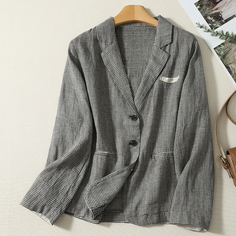 Lightweight Autumnal Plaid Design Suit Jacket Classic Small Square Pattern Color Woven Women's Cotton Formal Outerwear